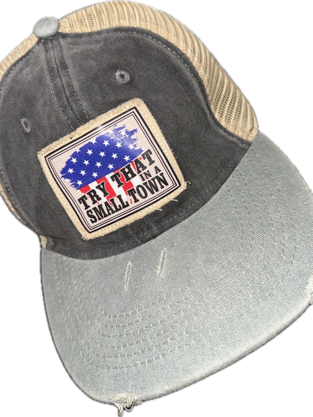 Try That Small Town Distressed Trucker Cap - Denim / Beige Mesh
